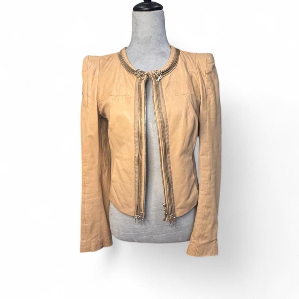 Vero Moda Tan Leather Blazer with Gold Zipper Detail Size S